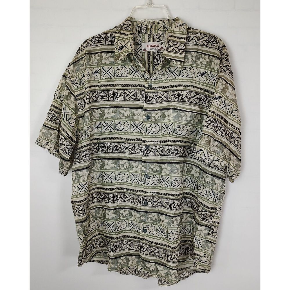 Summa Mens Silk Blend Hawaiian Shirt Large Olive Green Tribal Floral Button Down
